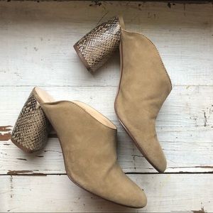 Nine West Taupe Suede Leather Jadrien Snakeskin Heeled Mules